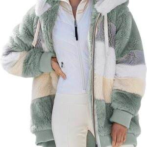 HSUAYEUD Womens Fleece Jackets Full Zipper Pockets Hoodie Coats Winter Warm Soft Teddy Hooded Jacket Warm Fluffy Jacket Fleece Hooded Jacket Overcoat Cardigan - Image 5